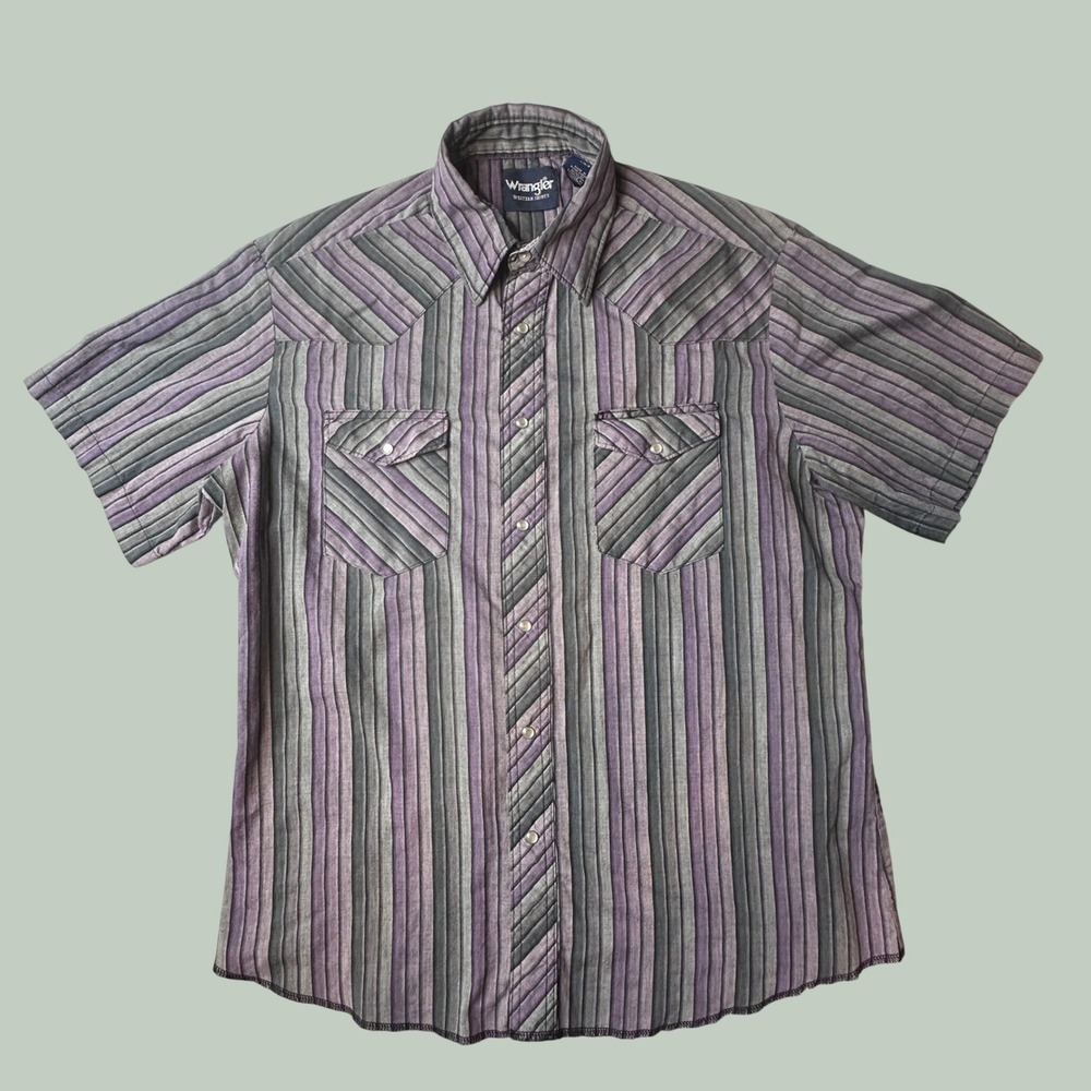 Wrangler Western Shirt Mens L WTMH94502 Purple Grey Striped Pearl Snap Cowboy